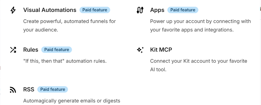 Kit MCP option in Kit's Automate menu, no paid-feature badge