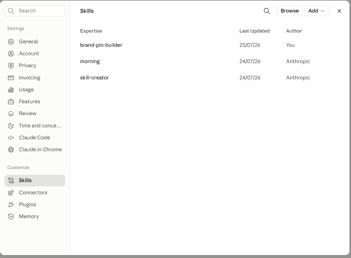 Claude Skills panel in settings, showing the Customize section of the sidebar
