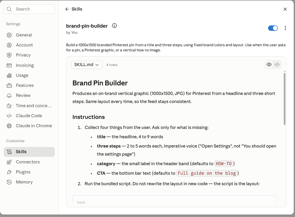 Uploaded custom Skill enabled in Claude, showing its description and instructions