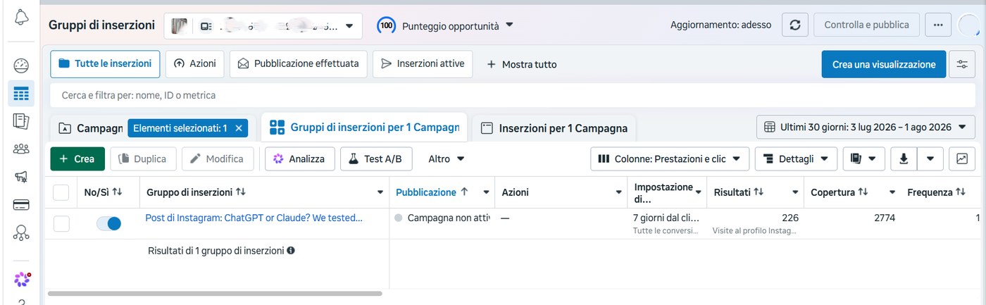 Meta Ads Manager showing an enabled ad set inside a campaign that has been paused from Claude
