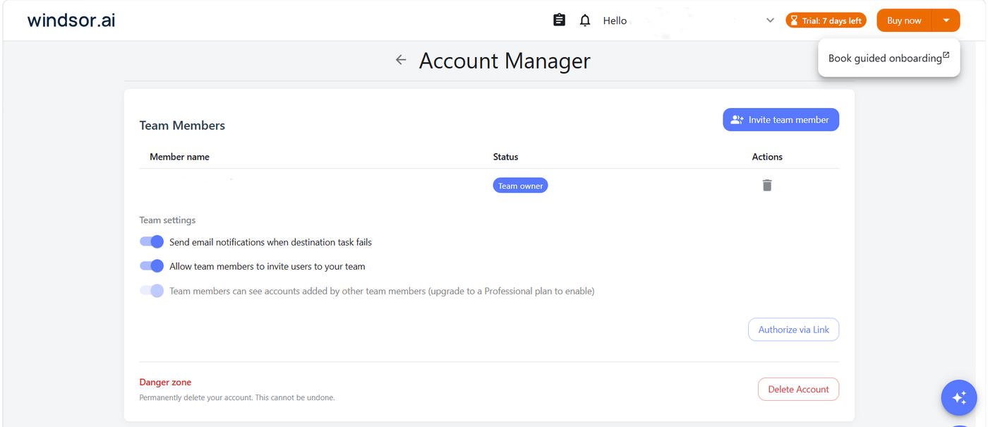 Windsor.ai Account Manager page showing team members, team settings and the account deletion section