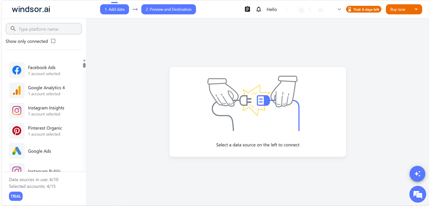 Windsor.ai data source panel showing four connected sources and the sources-in-use counter