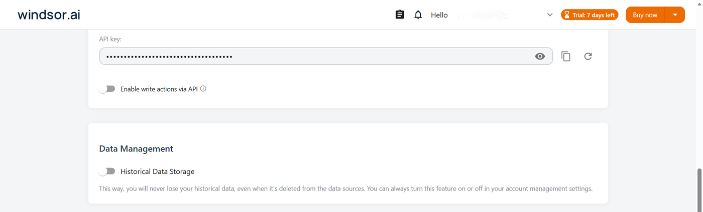 Windsor.ai API access settings showing the write actions toggle switched off by default
